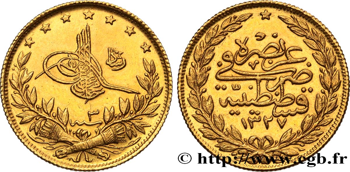 TURQUíA 100 Kurush Sultan Mohammed V Resat AH 1327 An 3 1911 Constantinople MBC+ 