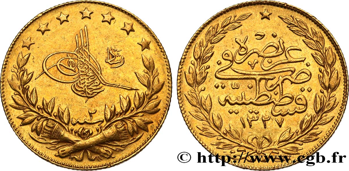 TURQUíA 100 Kurush Sultan Mohammed V Resat AH 1327 An 2 1910 Constantinople MBC+ 