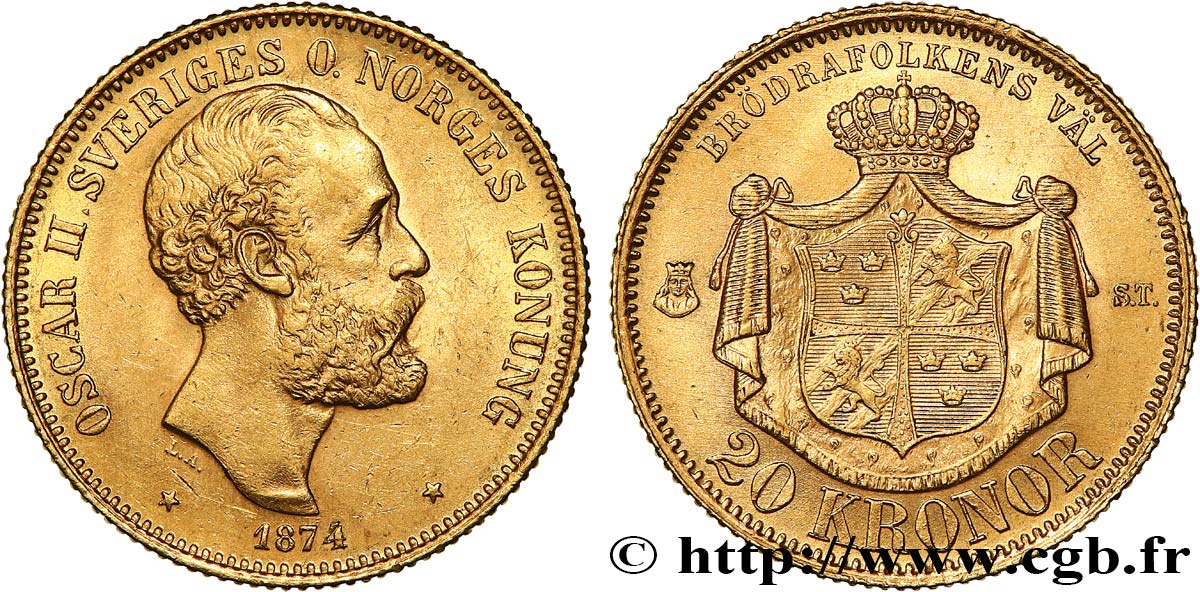 SWEDEN 20 Kronor, 1e type Oscar II 1874 Stockholm AU/MS 