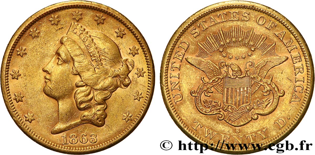 ÉTATS-UNIS D AMÉRIQUE 20 Dollars  Liberty  1863 San Francisco AU 