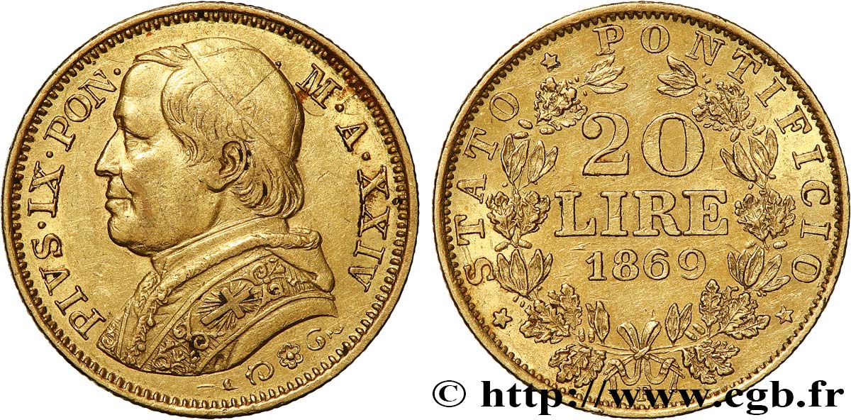 VATICAN AND PAPAL STATES 20 Lire Pie IX an XXIV 1869 Rome AU/AU 