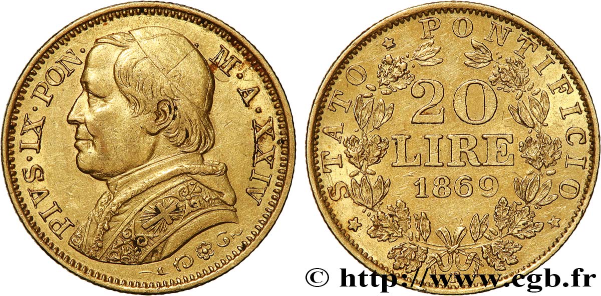 VATIKANSTAAT UND KIRCHENSTAAT 20 Lire Pie IX an XXIV 1869 Rome fVZ/VZ 