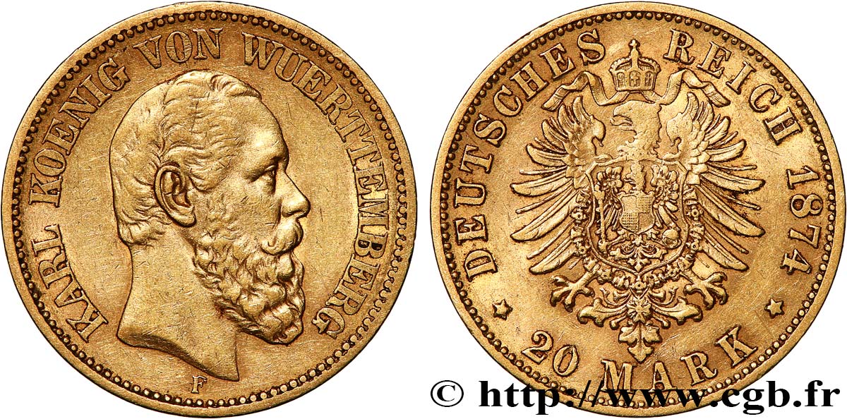 INVESTMENT GOLD 20 Mark Charles Ier, 2e type 1874 Stuttgart XF 