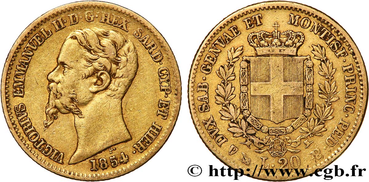 INVESTMENT GOLD 20 Lire Victor-Emmanuel II roi de Sardaigne 1854 Gênes BC+ 