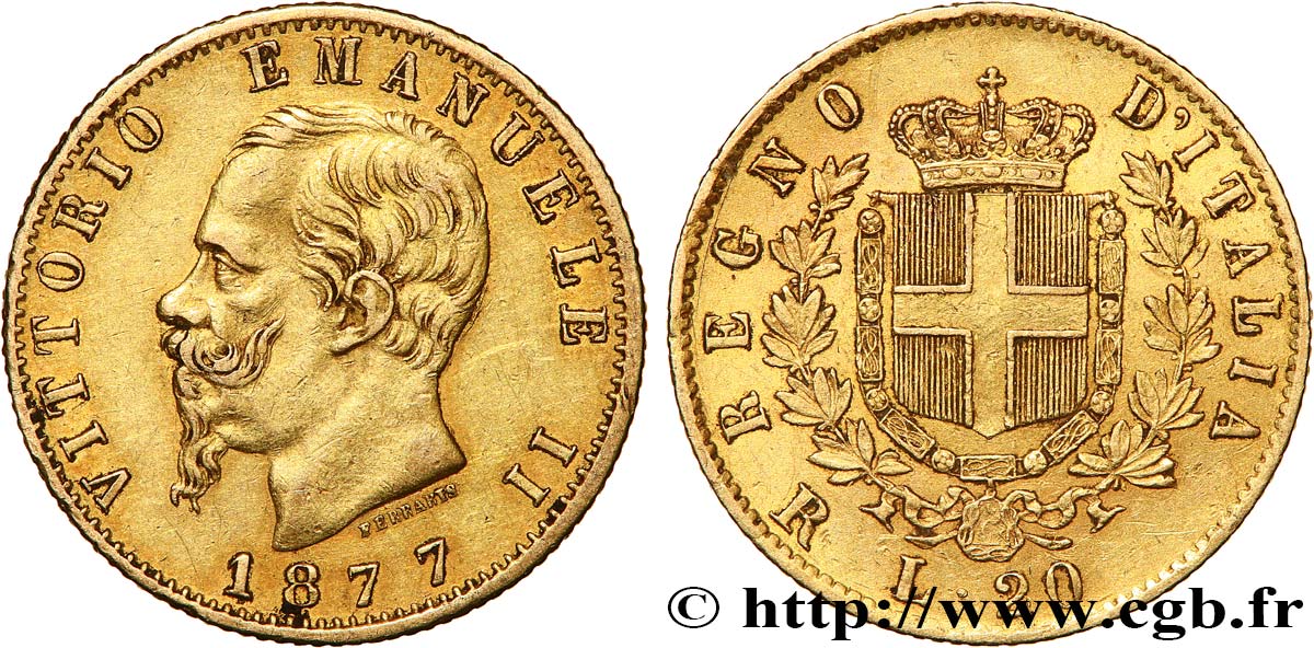 OR, PALLADIUM ET PLATINE INVESTISSEMENT 20 Lire Victor Emmanuel II 1877 Rome TTB 