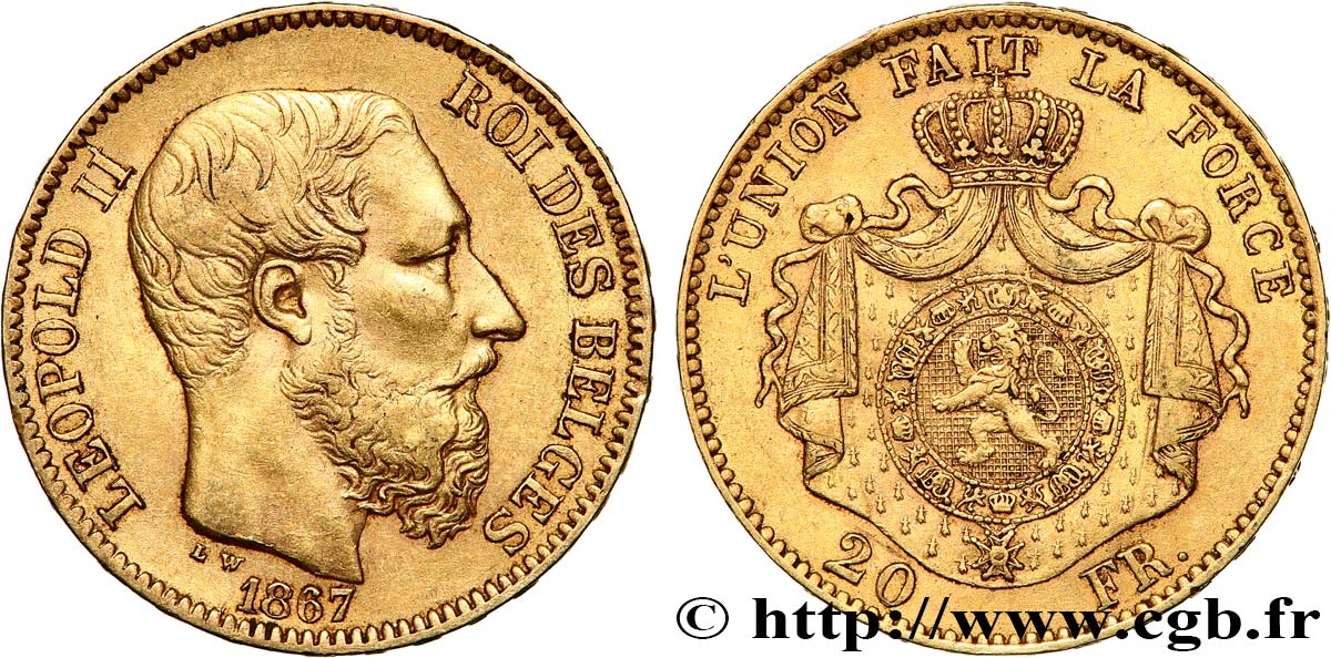 INVESTMENT GOLD 20 Francs Léopold II 1867 Bruxelles MBC+ 