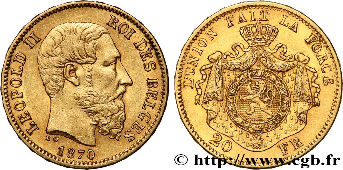 OR, PALLADIUM ET PLATINE INVESTISSEMENT 20 Francs or Léopold II 1870 Bruxelles TTB+ 