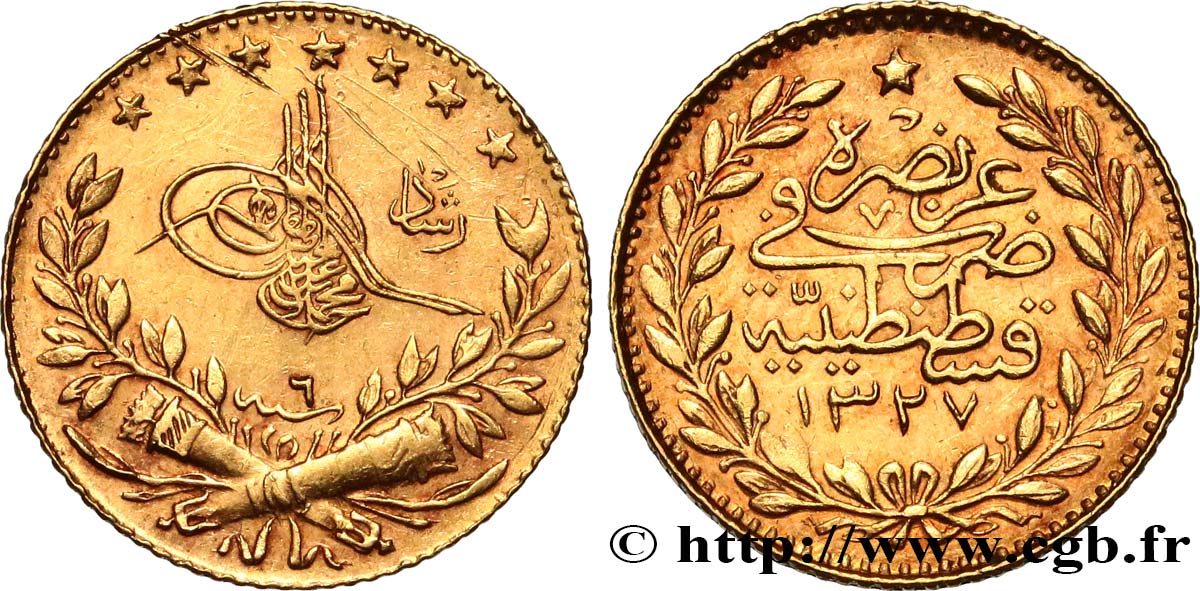 TURKEY 25 Kurush en or Sultan Mohammed V Resat AH 1327 An 6 (1914) Constantinople AU 
