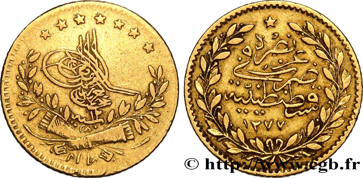 TURKEY 25 Kurush Sultan Abdul Aziz AH 1277 an 12 (1870) Constantinople XF 
