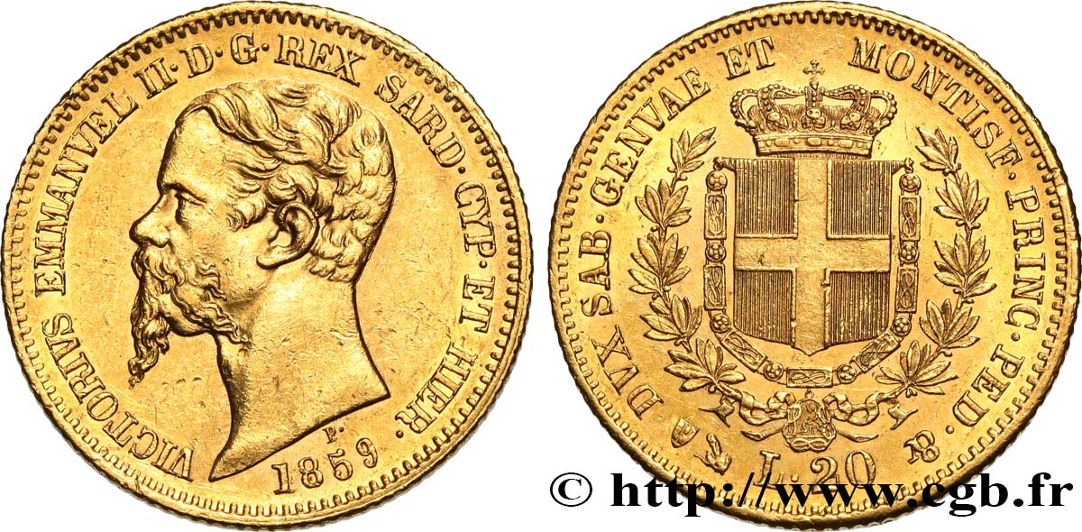 ITALY - KINGDOM OF SARDINIA 20 Lire Victor Emmanuel II 1859 Gênes AU 