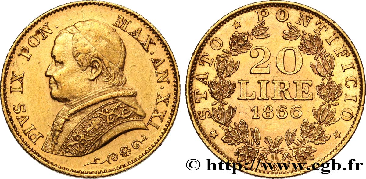 VATICAN AND PAPAL STATES 20 Lire Pie IX an XXI 1866 Rome AU/AU 