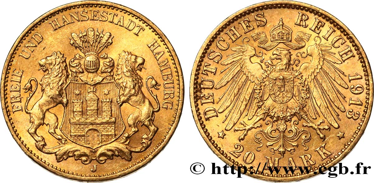 GERMANIA - LIBERA CITTA DE AMBURGO 20 Mark 1913 Hambourg MS 
