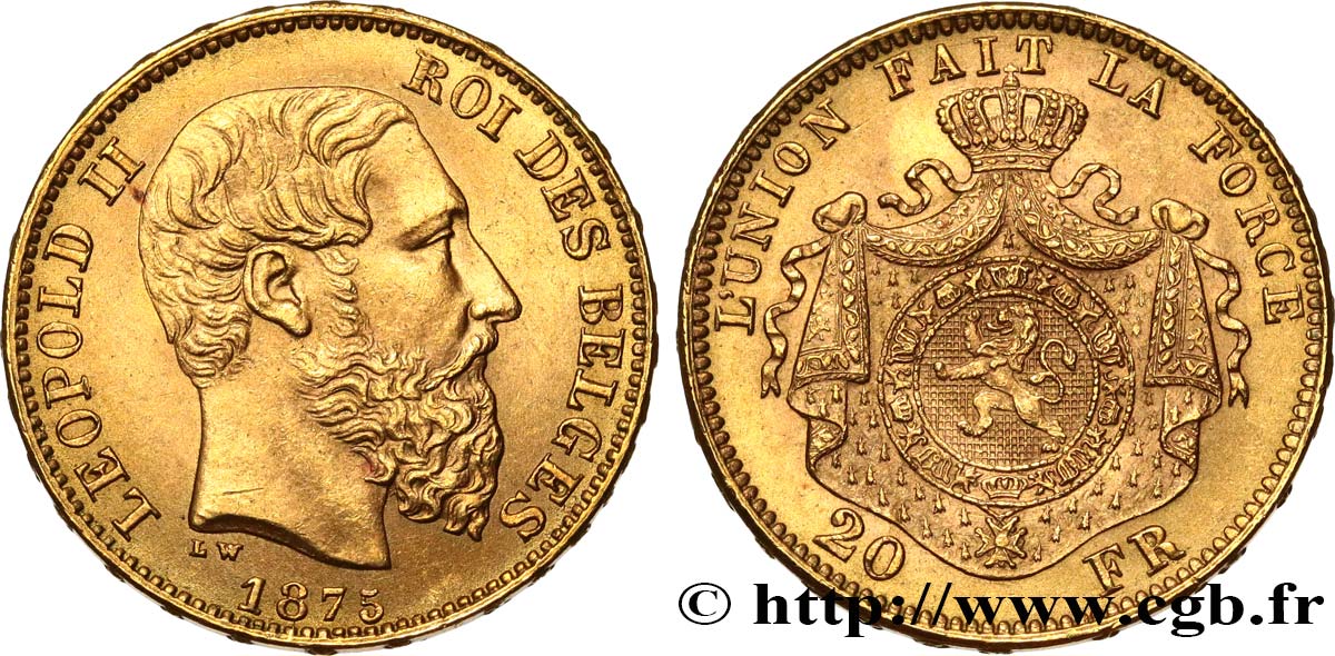BELGIEN 20 Francs Léopold II 1875 Bruxelles fST 