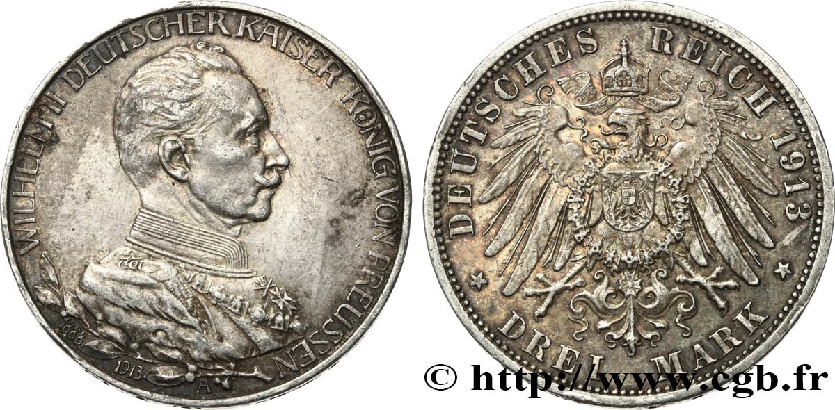GERMANIA - PRUSSIA 3 Mark 25e anniversaire de règne de Guillaume II 1913 Berlin q.SPL 