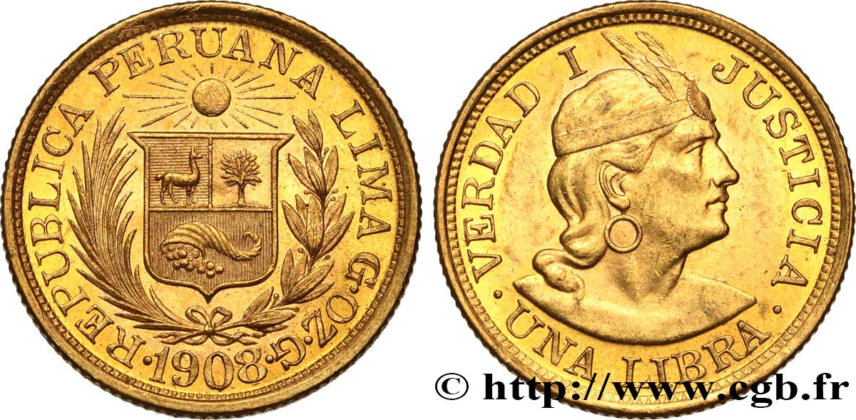 PERU 1 Libra 1908 Lima AU/MS 