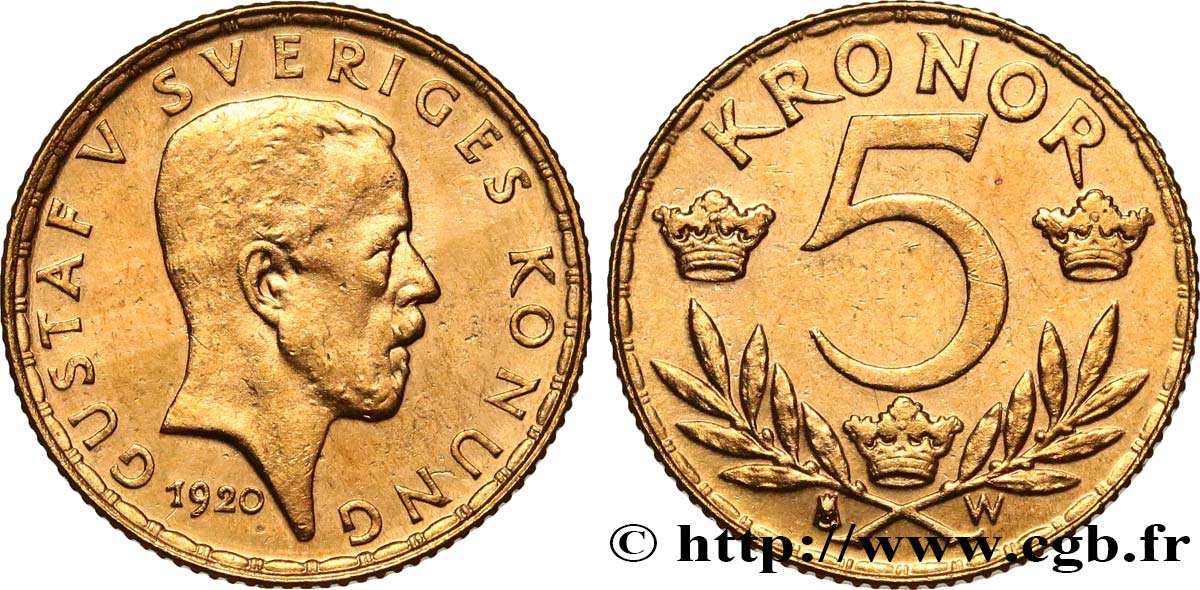 SUÈDE 5 Kronor Gustave V 1920  SPL 