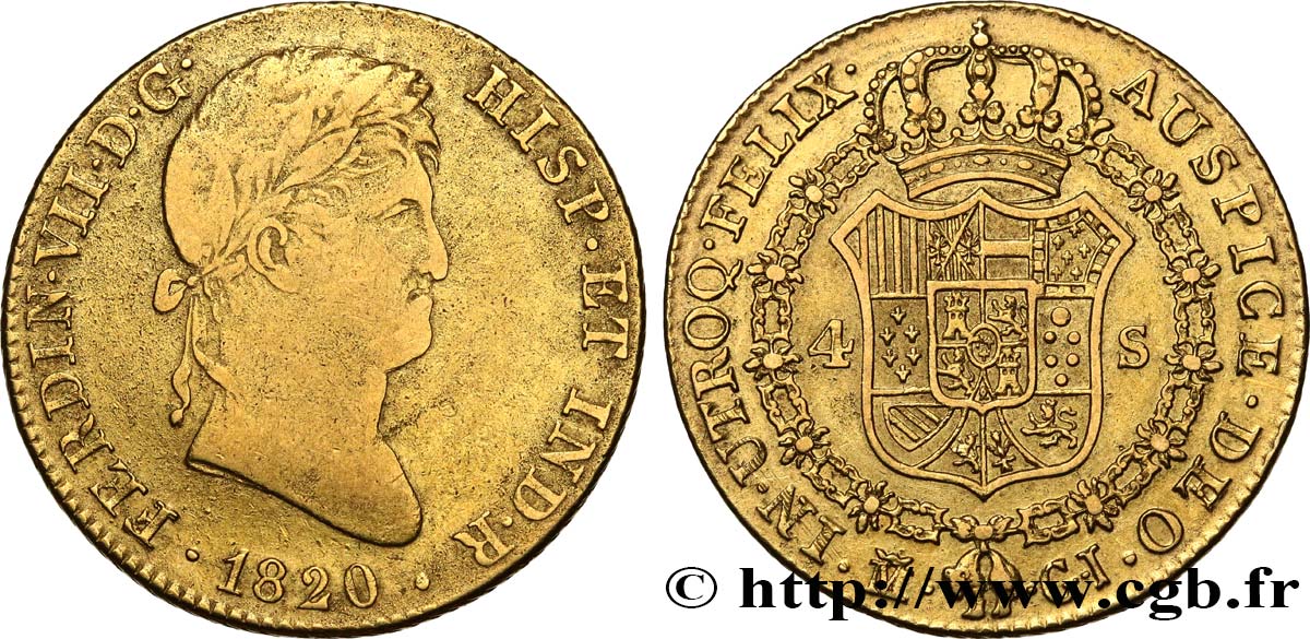 SPANIEN 4 Escudos Ferdinand VII 1820 Madrid fSS/SS 