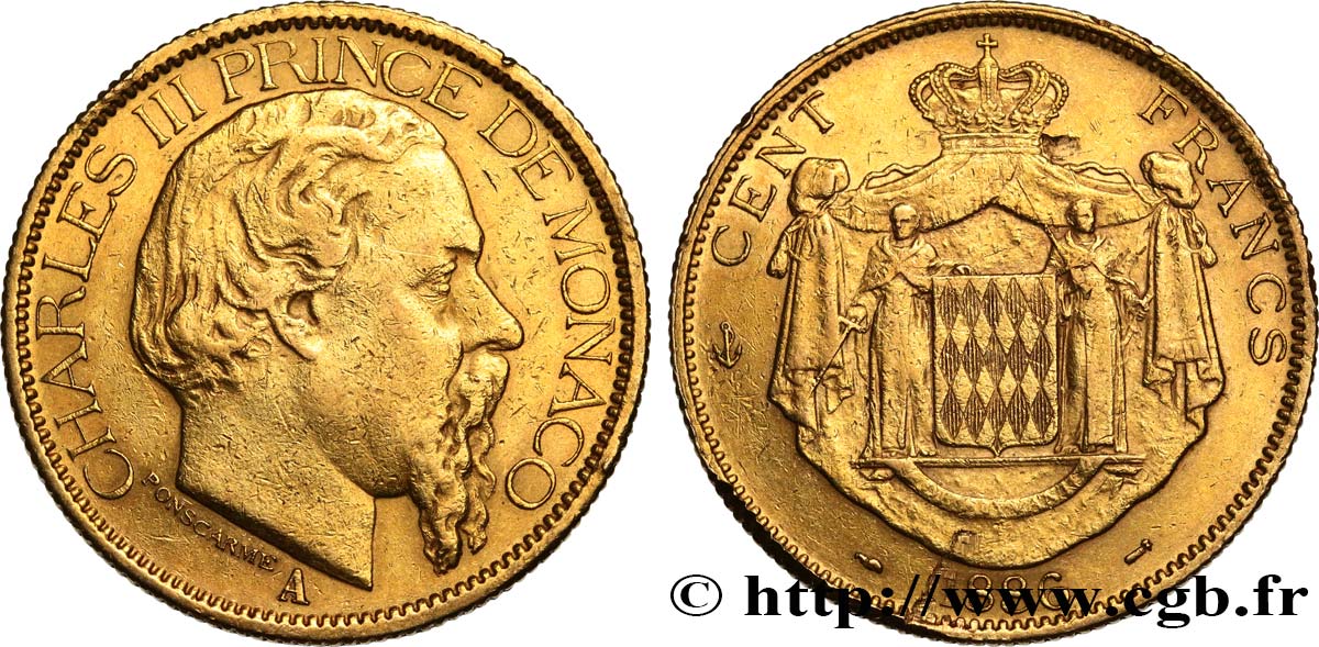 MONACO 100 Francs or Charles III 1886 Paris fVZ 