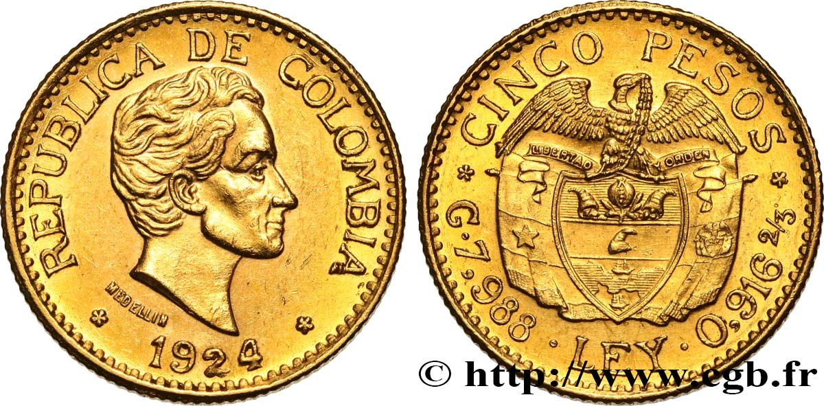 COLOMBIA 5 Pesos Simon Bolivar 1924 Medellin MS 