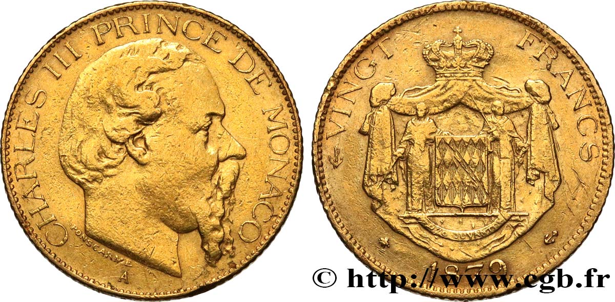 MONACO 20 Francs or Charles III 1879 Paris VF/XF 