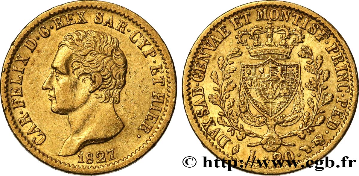 ITALY - KINGDOM OF SARDINIA 20 Lire Charles Félix 1827 Turin AU 