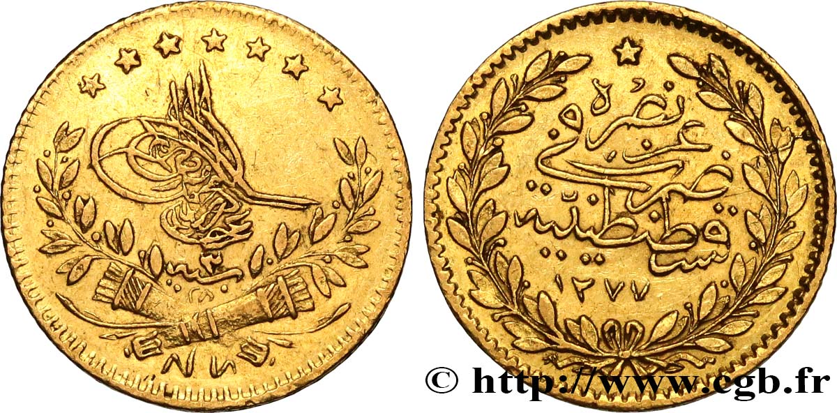 TURQUíA 25 Kurush Sultan Abdul Aziz AH 1277 an 3 (1863) Constantinople MBC 