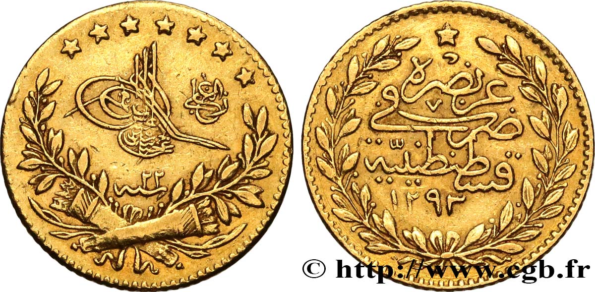 TURKEY 25 Kurush en or Sultan Abdülhamid II AH 1293 an 22 (1896) Constantinople XF 