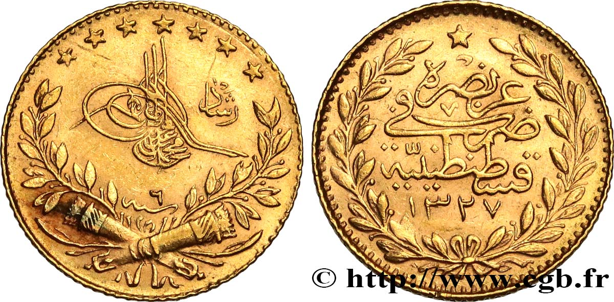 TURKEY 25 Kurush en or Sultan Mohammed V Resat AH 1327 An 6 (1914) Constantinople AU 