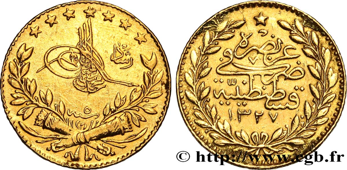 TURKEY 25 Kurush en or Sultan Mohammed V Resat AH 1327 An 5 (1913) Constantinople XF 