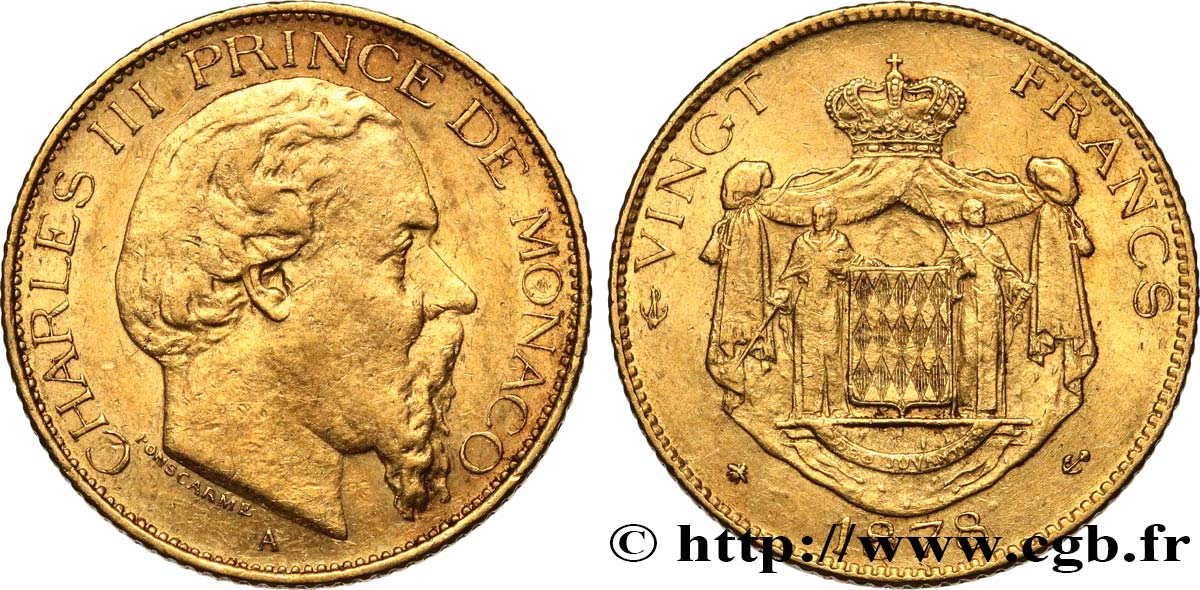 MONACO - PRINCIPALITY OF MONACO - CHARLES III 20 Francs 1878 Paris XF 