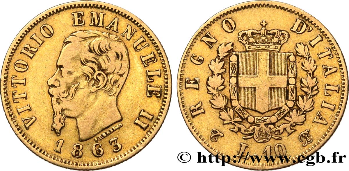 ITALIE 10 Lire Victor-Emmanuel II 1863 Turin TB+ 