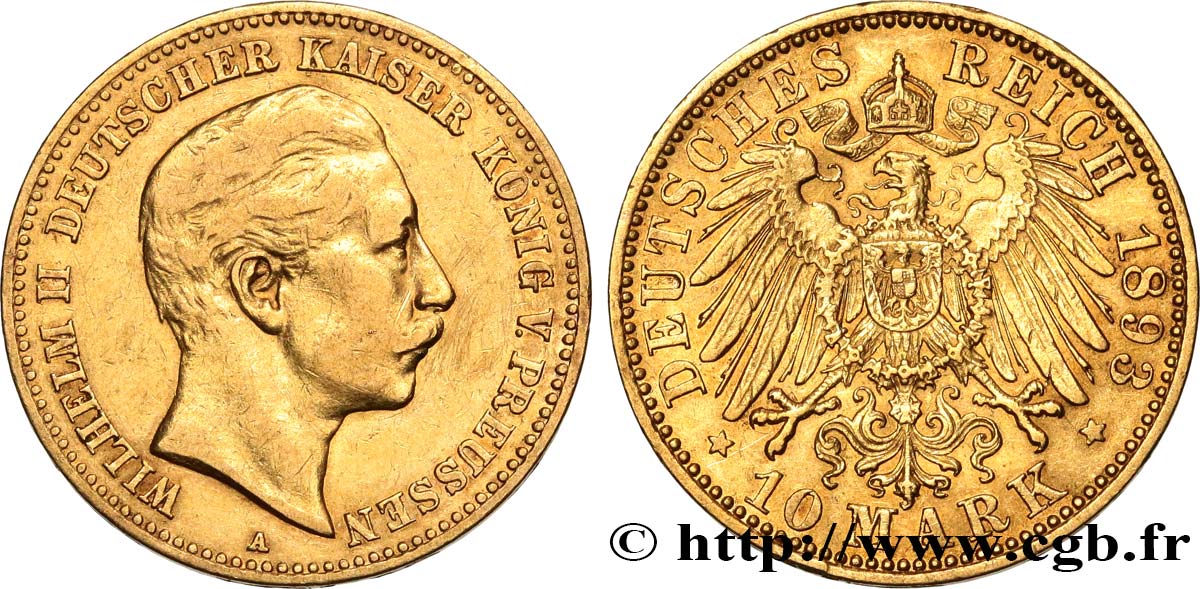 GERMANY - PRUSSIA 10 Mark Guillaume II 1893 Berlin XF/AU 