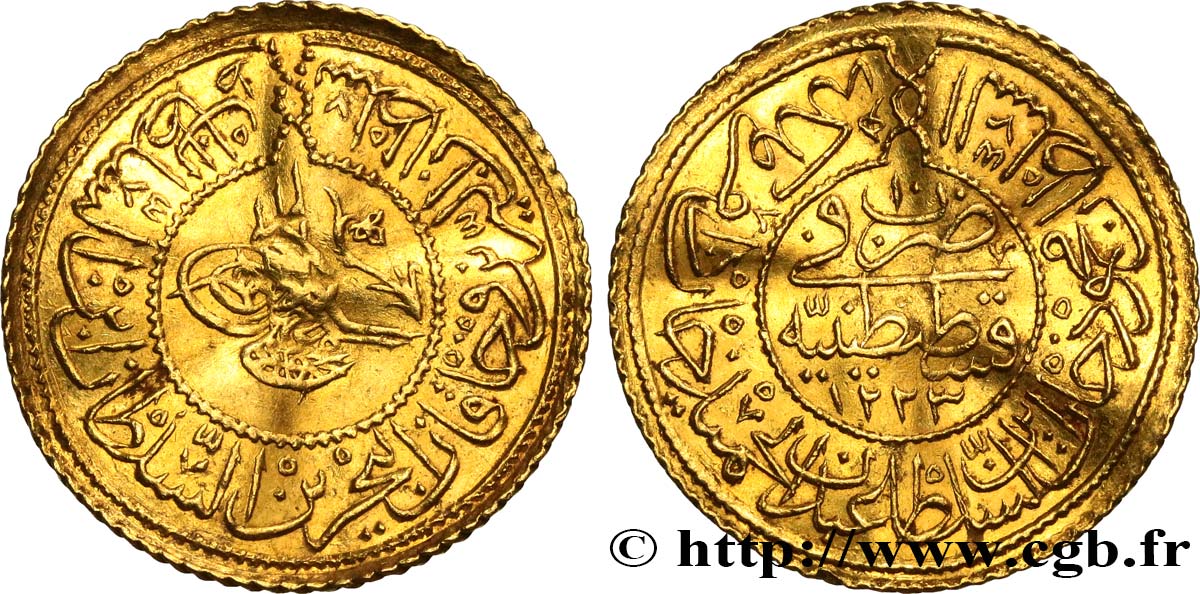 TURKEY Rumi altin Mahmud II AH 1223 an 10 (1818) Constantinople AU 