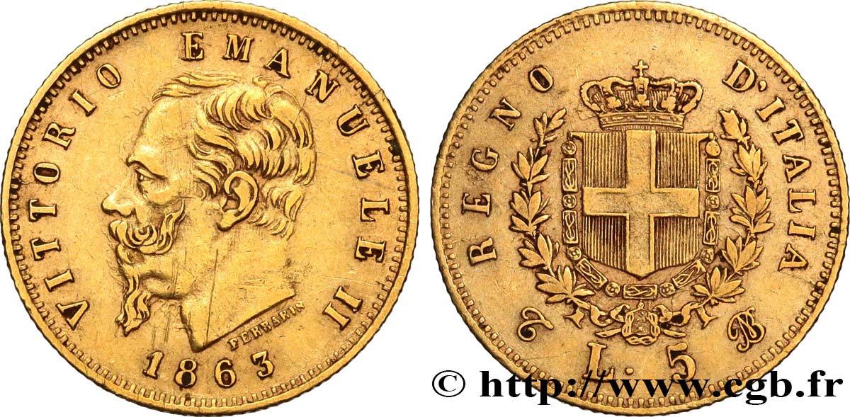 ITALIA 5 Lire Victor-Emmanuel II 1863 Turin q.SPL 