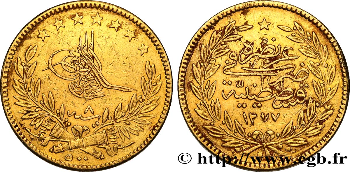 TURCHIA 500 Kurush or Sultan Sultan Abdülaziz AH 1277 An 8 1868 Constantinople BB 