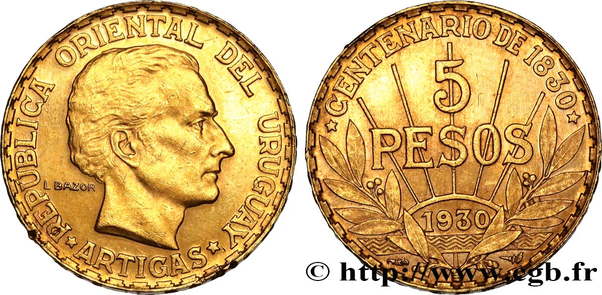 URUGUAY 5 Pesos Centenaire de la constitution 1930 Paris VZ 