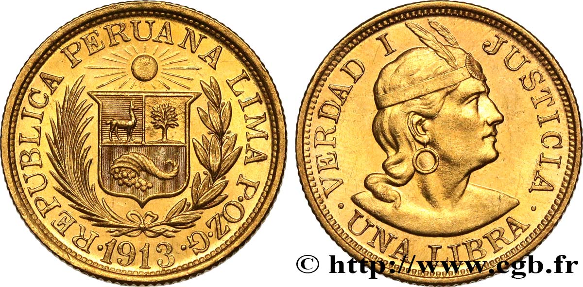 PERU 1 Libra 1913 Lima MS 