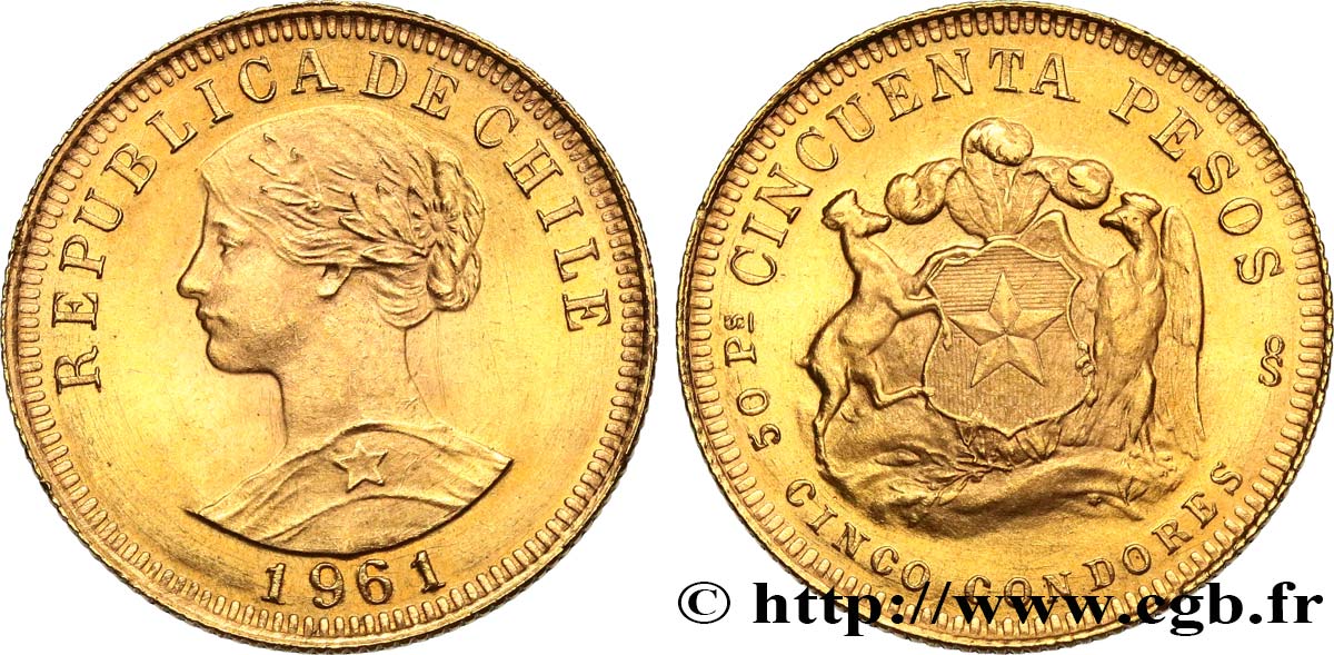 CHILE 50 Pesos or ou 5 condores 1961 Santiago MS 