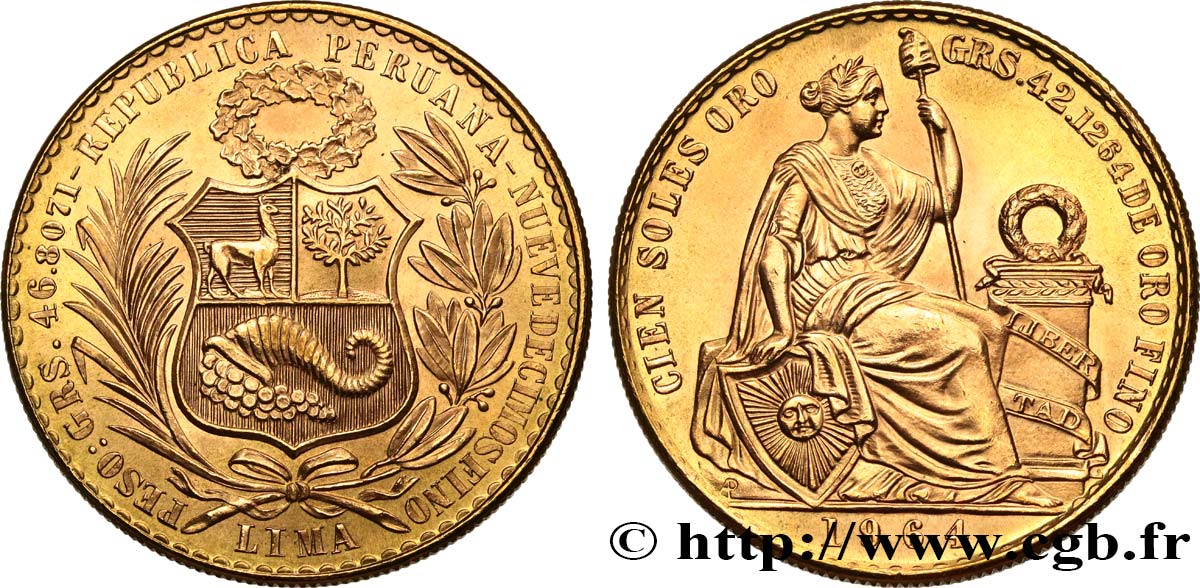PERU 100 Soles de Oro 1964 Lima MS 