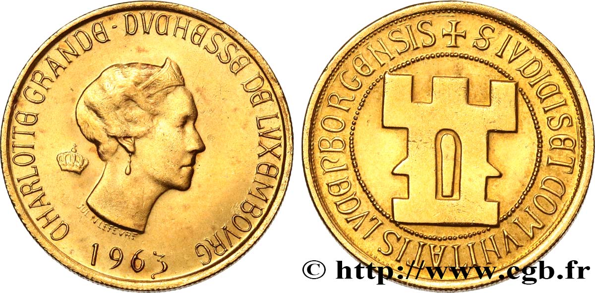 LUSSEMBURGO Médaille en or Grande-Duchesse Charlottte, module de 20 Francs or 1963 Bruxelles MS 