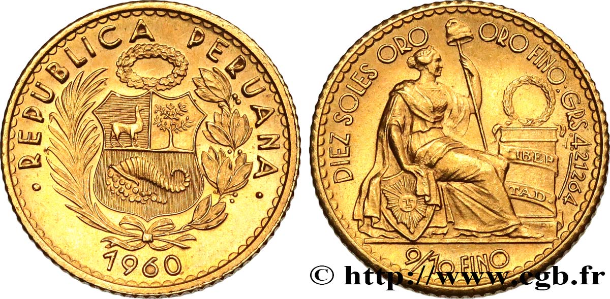 PERU 10 Soles de Oro 1960 Lima MS 