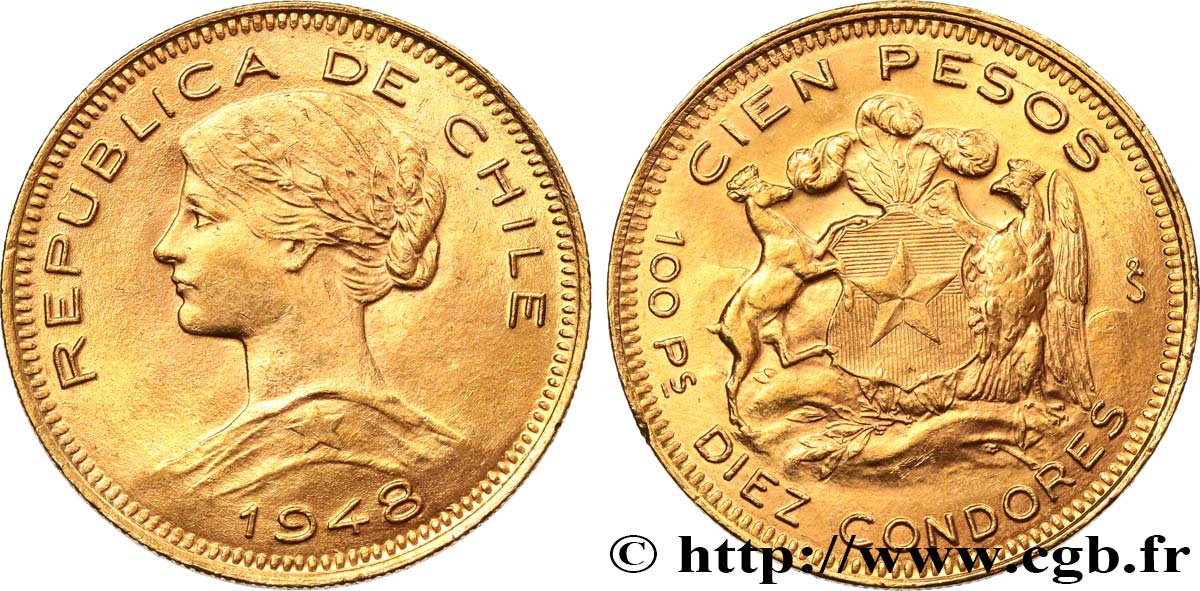 CHILE 100 Pesos or ou 10 condores en or, 2e type 1948 Santiago AU 