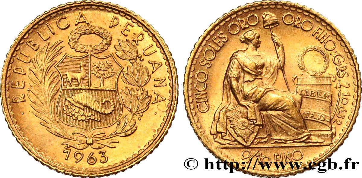 PÉROU 5 Soles de oro 1963 Lima SPL 