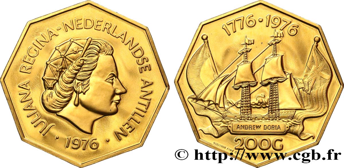 NETHERLANDS ANTILLES 200 Gulden Bicentenaire de l’Indépendance américaine Proof 1976  fST 