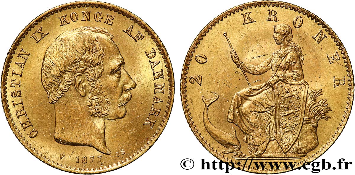 DENMARK 20 Kroner Christian IX 1877 Copenhague MS/AU 