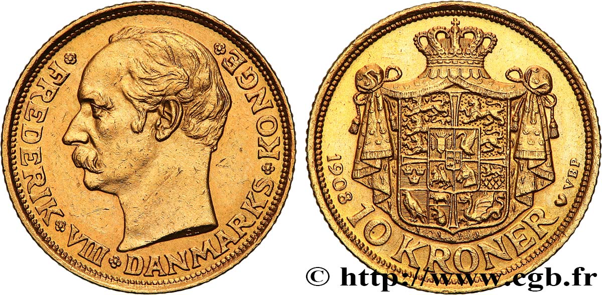 DÄNEMARK 10 Kroner Frédéric VIII 1908 Copenhague VZ 