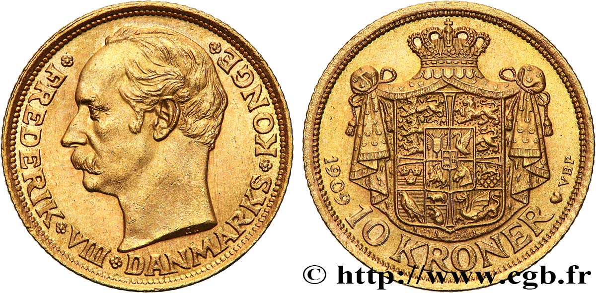 DANEMARK 10 Kroner Frédéric VIII 1909 Copenhague SPL 