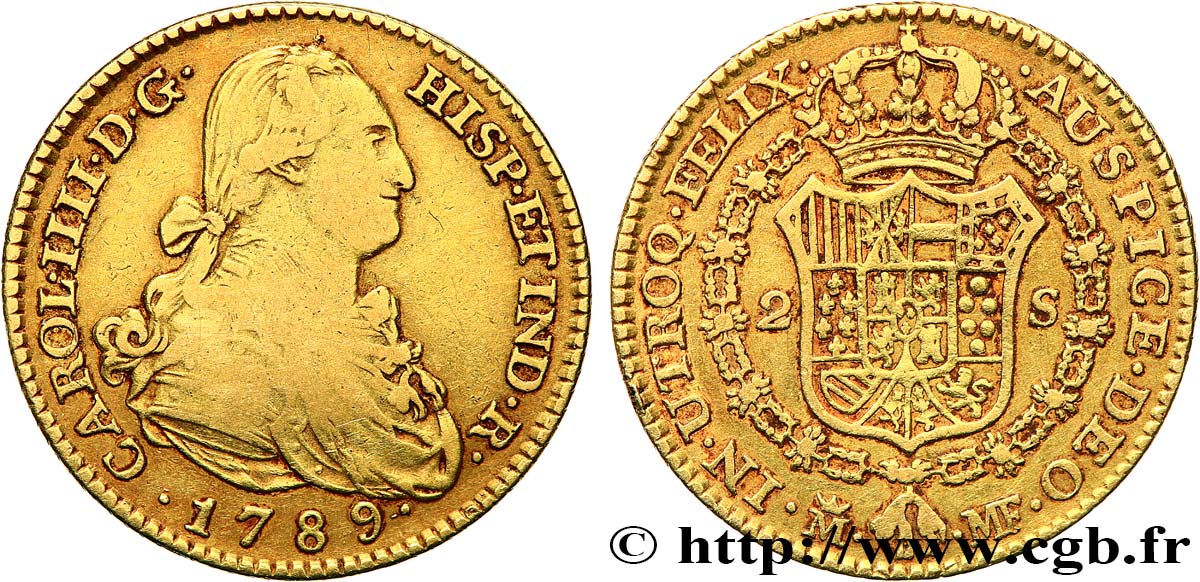 SPAIN 2 Escudos Charles IV 1789 Madrid VF/XF 