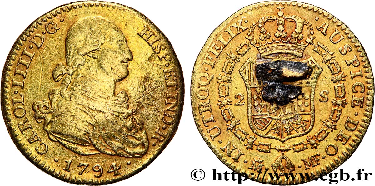 SPAIN - KINGDOM OF SPAIN - CHARLES IV 2 Escudos  1794 Madrid VF 