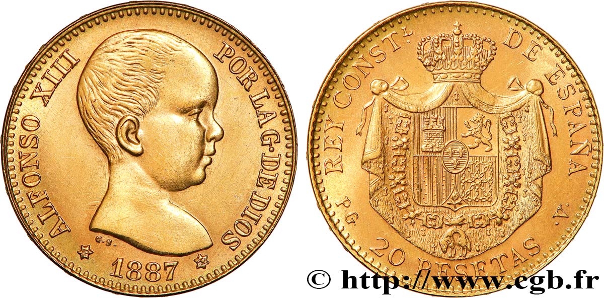 ESPAÑA 20 Pesetas Alphonse XIII refrappe de 1962 1887 Madrid EBC 